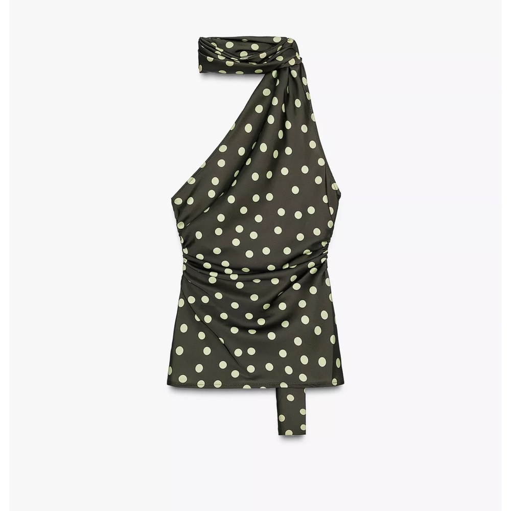 Zara Green and White Polka Dot Asymmetric Top